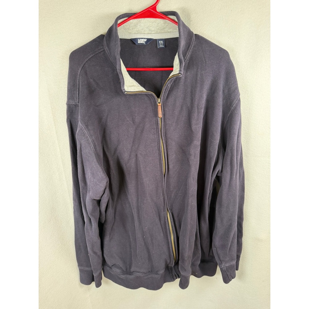 Lands End Cardigan Mens XXL Regular Navy Blue Full Zip Cotton Sweater EUC Preppy